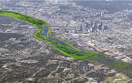 Artist concept of the Dallas Floodway Project with meanders back into the Trinity River